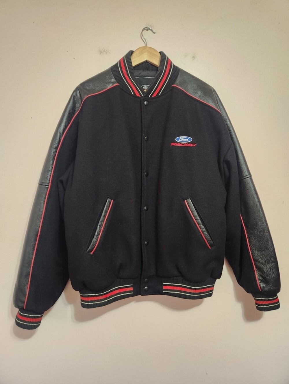 Vintage Ford Racing Wool Leather Varsity Bomber Jacket Coat Large Y2K Streetwear